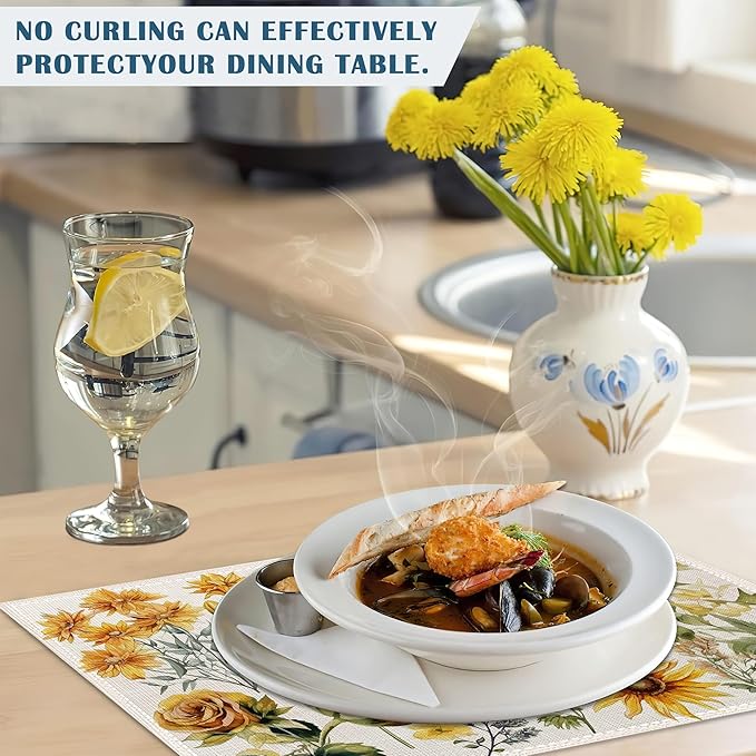 Retro Sunflower Placemats Set of 4, Flower Plants Place Mats Non-Slip Heat Resistant Washable Placemat for Party Kitchen Dining Table Decoration Indoor Outdoor 12x18 Inch
