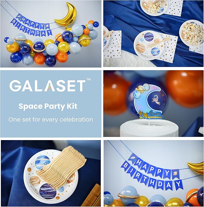 129 PCS Space Birthday Decorations – Includes Moon, blue and gold Balloon Arch Kit, Pump, Cake Topper, Paper Plates, Napkins, Bamboo Forks, and Banner – Outer Space Party Decorations, Serves 20 Guests