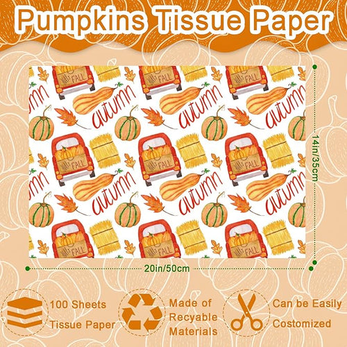 100 Sheets Fall Tissue Paper Bulk, Pumpkins Maple Leaves Truck Hay Pattern Wrapping Paper for Fall Autumn DIY Crafts Thanksgiving Day Gift Bag Fillers Party Supplies, 13.8 x 19.7 Inch