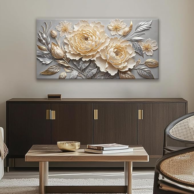 Canvas Art Wall Decor Print Silver White Flowers Wall Art For Living Room Picture Modern Landscape Painting Home Wall Decor 24" X 48"Bedroom Office Artwork