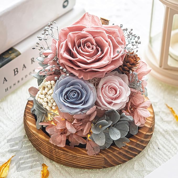 Large Preserved Flowers with Card-Flowers for Delivery Prime,Eternal Rose with Lights,Roses in Glass Dome,Romantic Gift for Her,Decoration, Fresh Rose Flowers for Mom, Birthday, Anniversary(Pink Blue)