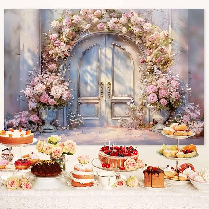 8X6ft Pink Floral Photography Backdrop, Retro Oil Painting Flowers Photography Backdrop Dreamlike Wedding Portrait Photo Background Wedding Birthday Party Background Banner Decor