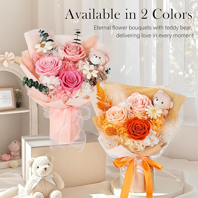 Preserved Flowers Bouquet with Bear, 3 Real Forever Flowers for Delivery, Long-Lasting Orange Eteranl Roses Bouquet Birthday Gifts for Women, Mother, Wife, Her