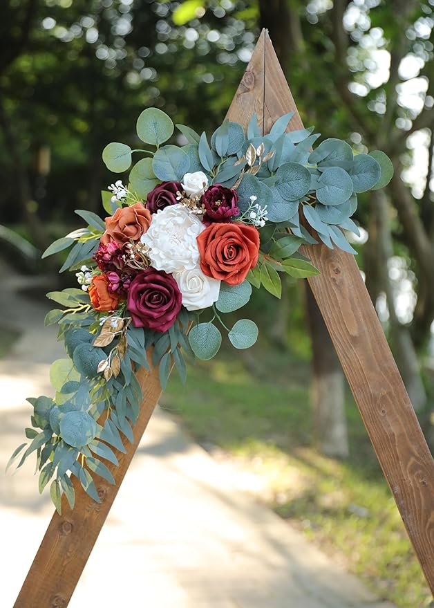 Artificial Burnt Orange Wedding Arch Flowers Swags (Set of 2) for Welcome Signs Floral and Wedding Church Decoration Ceremony, Anniversary, etc, Burgundy Roses Flowers