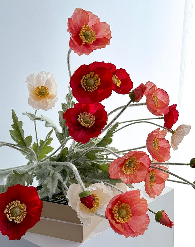 Set of 6 Red Coral Pink and Champagne Mixed Poppy Flowers Artificial, Silk Flowers with Stems for Vase for Wedding Party Home Office Indoor Kitchen Dining Table Centerpiece Decoration