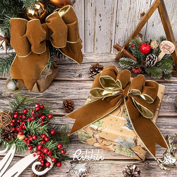 Ribbli Khaki Velvet Wired Ribbon 4 Inch Luxury Matte Velvet Christmas Ribbon for Gift Wrapping Christmas Tree Decoration Crafts Wreaths Supplies - 10 Yards