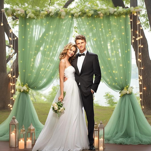 10ft x 8ft Green Backdrop Curtain with Lights String for Parties, Sheer Tulle Wedding Photo Backdrops Drapes for Baby Shower Birthday Party Decorations Background for Photography
