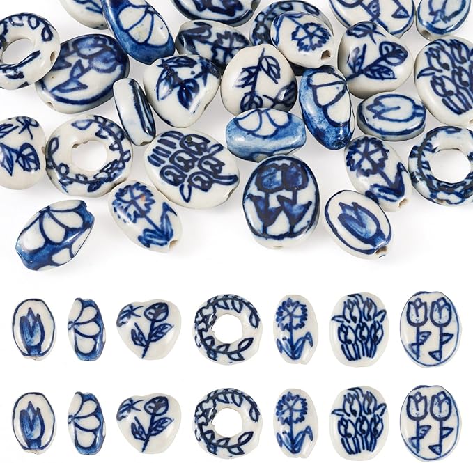 Beadthoven 28Pcs 7 Styles Flower Printed Porcelain Beads Blue White Handmade Ceramic Beads Vintage Floral Oval Barrel Heart Donut Shaped Spacers for DIY Jewelry Making Bracelets Necklace Beading Kit