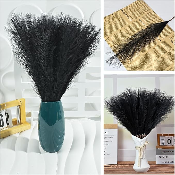 Artificial Pampas Grass Plants Fake Reeds Decoration Set of 28 Stems 17” Faux Florals Bulrush Fluffy Beige Branches for Boho Home Wedding Party Vase Fillers Christmas DIY Feathers Décor Black 28 Pcs