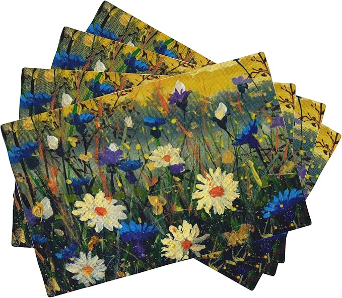 Watercolor Daisies Placemats Set of 4,Blue Cornflowers 12x18 Inch Non-Slip Washable Heat Resistant Linen Fabric Table Mats,Place Mats for Holiday Party