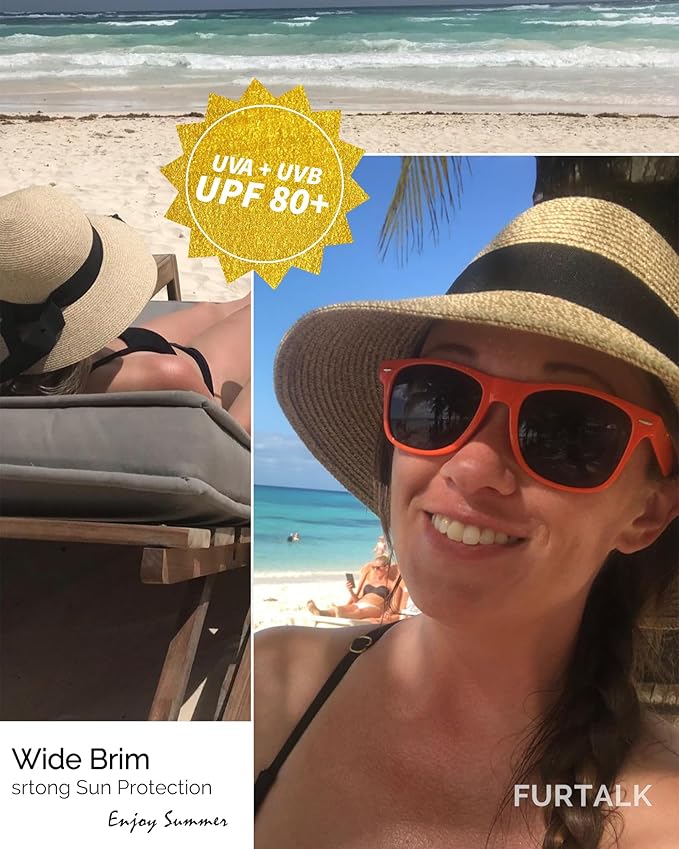 FURTALK Womens Beach Sun Straw Hat UV UPF 80+ Travel Foldable Brim Summer UV Hat