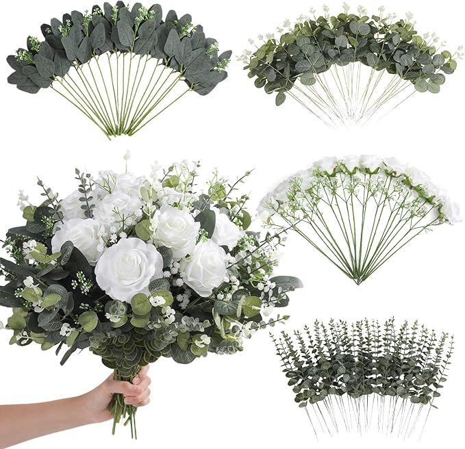 120 Pcs Mixed Artificial Eucalyptus Leaves Stems Bulk,Baby Breath Artificial Flowers Bulk with Eucalyptus Leaves Greenery Stems for DIY Bouquets Wedding Floral Home Decor (Green+White-120pcs)
