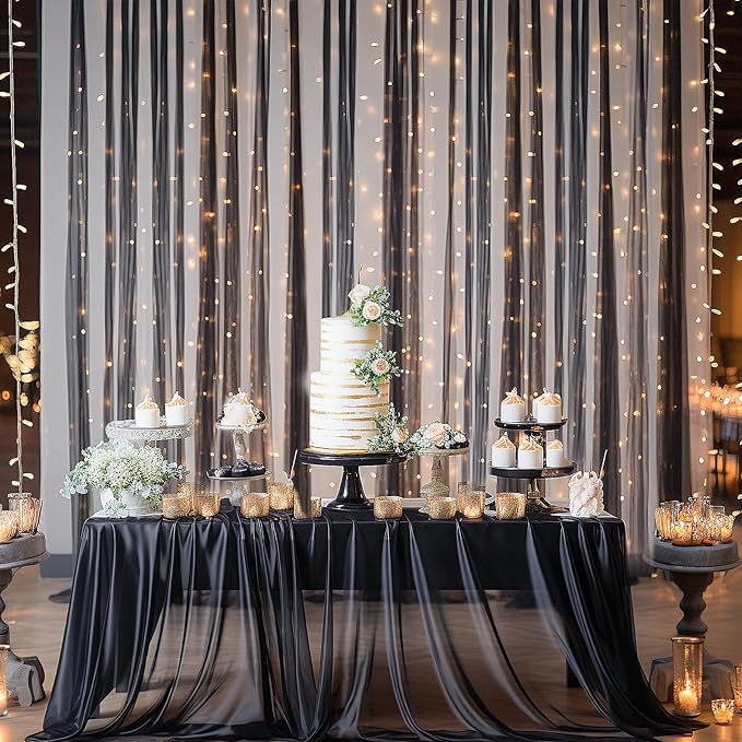 30ft x 10ft Black Backdrop Curtain with Lights String for Parties, Sheer Tulle Wedding Photo Backdrops Drapes for Baby Shower Birthday Party Decorations Background for Photography