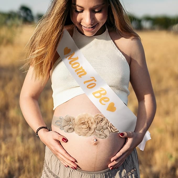 Baby Shower Maternity Sash Belly Belt-Pink Flower Sash Set Mom to Be & Dad to Be Corsage Pins for Gender Reveal