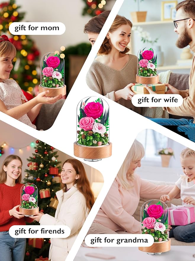 Eterfield Flowers for Delivery Prime, Christmas Preserved Roses Gifts for Women - Forever Flower in Glass Dome Birthday Gifts for Mom Wife Grandma Her Valentine’s Day (Hot Pink, Cylindrical)