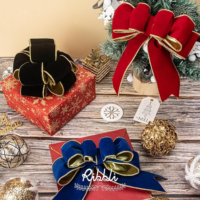 Ribbli Red Velvet Wired Ribbon 2.5 Inch Luxury Velvet Christmas Ribbon for Gift Wrapping Christmas Tree Decoration Crafts Wreaths Supplies -10 Yards