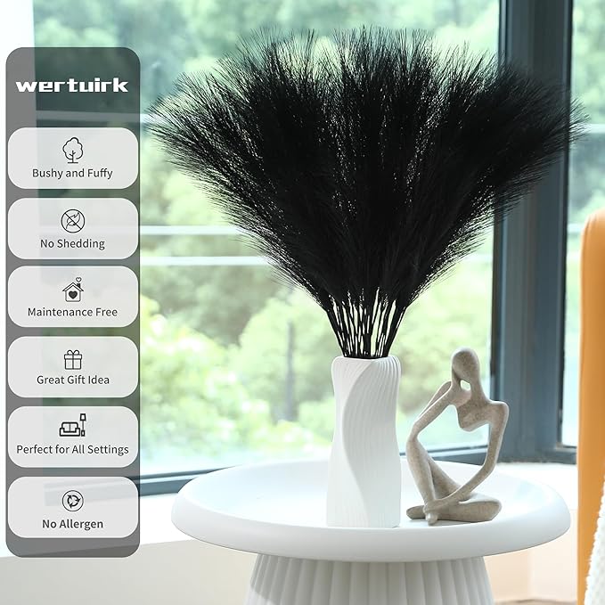 60pcs Black Pampas Grass - 24 Inch Faux Pampas Grass Decor, Short Artificial Pampas Grass for Gothic Room Decoration, Wedding, Party, Halloween and Home Decor (Black)