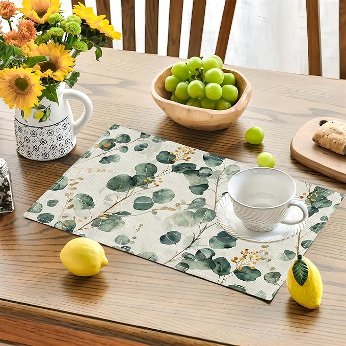 Leaves Placemats Set of 6 Eucalyptus Seasonal Watercolor Plants Table Mats Washable Place Mats for Home Party Indoor Kitchen Dining Table Decoration 12x18 Inch