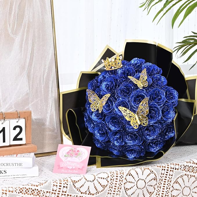 Waipfaru Glitter Roses Bouquet, DIY Fake Flowers Bouquet, Birthday Gifts for Women Mom, 24 Pcs Blue Rose for Grandma Wife Girlfriend Valentines, Mothers Day, Anniversary, Graduation