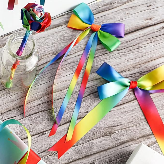 MEEDEE Satin Ribbon 1 inch Rainbow Ribbon Rainbow Satin Ribbons Neon Color Ribbons for Gift Wrapping Birthday Pride Party Decoration Handmade Bows DIY Crafts - 25 Yards