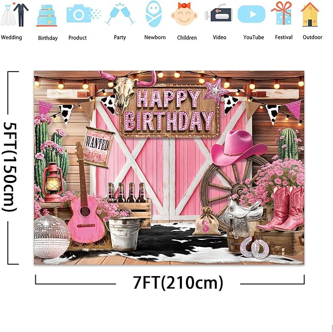 SVBright Western Cowgirl Happy Birthday Backdrop 7Wx5H Pink Barn Door Vintage Rustic Retro Wood Board Cactus Hat Boots Disco Cow Print Decorations Photography Background Banner Photo Booth Studio