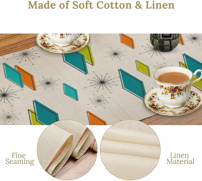 Mid Century Table Runner, Modern Atomic Pattern Absctract Geometric Retro Dinner Runner for Home Kitchen Dining Table Decoration, 13x90 Inch