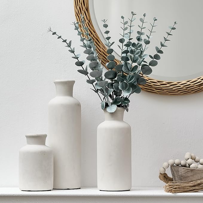 LUKA Ceramic Vase Set of 3,Decorative Terracotta Vases for Home Decor,Rustic Pottery Vase for Your Bedroom,Office,Living Room,Fireplace,Bookshelf （10+7.5+5 Inch） (Antique-White)
