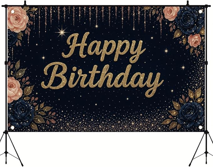 Happy Birthday Backdrop Banner Navy Blue Gold Glitter Rose Floral Birthday Party Decorations Photography Background Wedding Baby Shower Decor Booth Studio Props Supplies 71 x 43 Inch