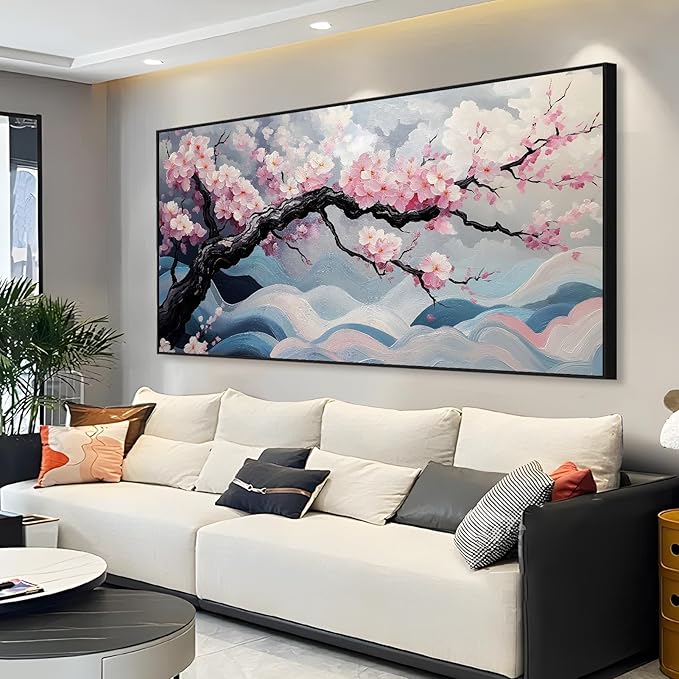 Japanese Cherry Blossom Canvas Wall Art, Sakura Tree Canvas Print, Pink Floral Pictures, Cherry Blossom Tree Wall Art, Flower Branch Decor, Nature Prints for Living Room (Black Framed, 31"x15" | 80x40cm)
