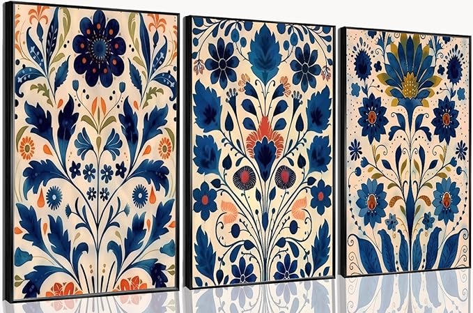 3 Pcs Blue Boho Flower Canvas Wall Art, Floral Painting Poster Wall Decor,Wildflower Botanical Picture for Wall Living Room Bathroom Bedroom Home Decoration 16 * 24 in (Poster no Framed)
