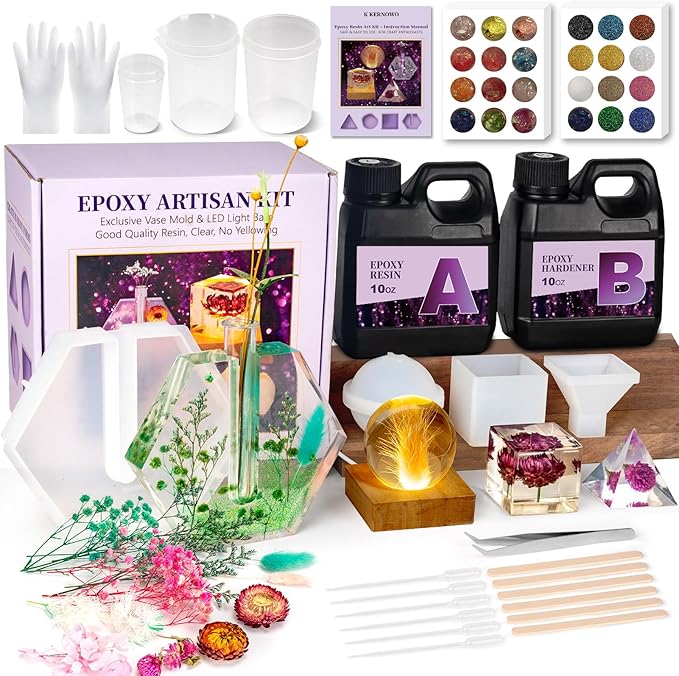 K KERNOWO Epoxy Resin Kit with Light for Beginners, Resin Kit and Molds Complete Set DIY Crafts for Adults Women, Epoxy Set with Vase Mold, 3D Dried Flowers, Measuring Cups and Resins Supplies-20OZ