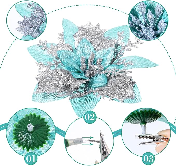 36 Pcs Christmas Glitter Artificial Poinsettia Flowers Xmas Poinsettia Artificial Wedding Flowers Decorations Xmas Tree Ornaments with Clips for Party, 6 Inch, 4 Inch, 3 Inch(Silver and Green)