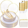 Rubtlamp 175 Pcs Plastic Dinnerware Set (25 Guests), Clear And Gold Plastic Plates, Hammered Party Plates Include Dinner Platos, Dessert Platos, Cups, Gold Cutlery Set And Napkins for Christmas