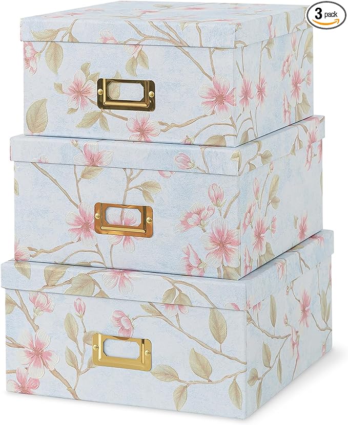 Soul & Lane Decorative Cardboard Storage Boxes - Set of 3 Square Stacking Boxes with Lids and Gold Label Holders, Nesting Photo Storage for Decor and Organizing, Pale Blue