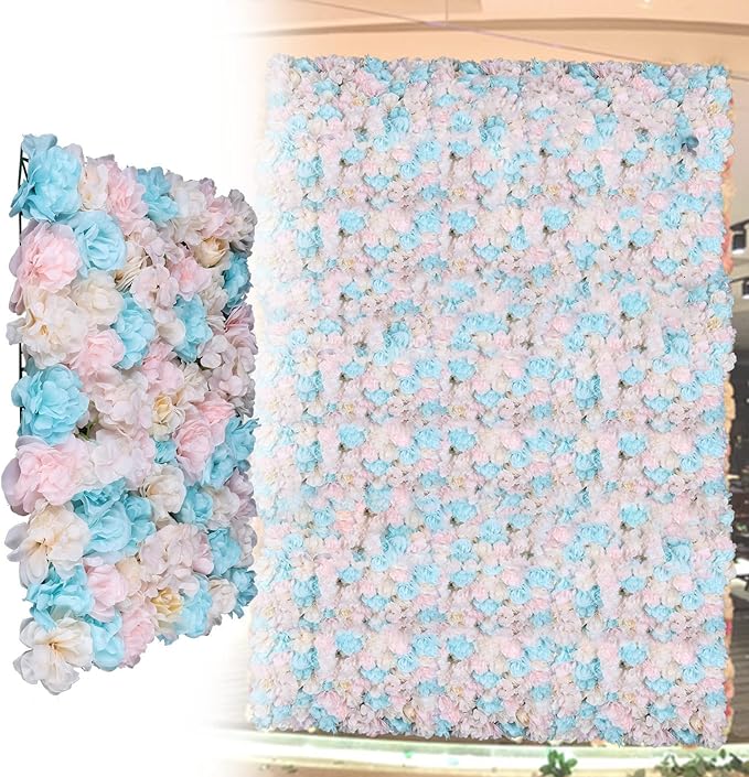 LOYALHEARTDY 12 Pack Artificial Flower Wall Panels 24" x 16" Blue & Pink Faux Hydrangea and Rose Artificial Flower Backdrop Panels for Wedding Party Event Flower Wall Decor