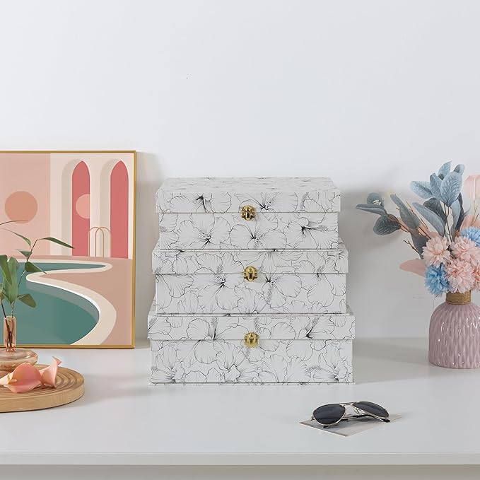 Soul & Lane Black and White Floral Cardboard Decorative Storage Boxes with Gold Hardware - Set of 3, Hibiscus Harmony - Stacking Boxes with Lids for Home Decor and Organizing, Elegant Design