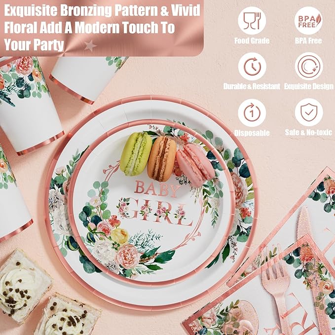Ecomore Baby Shower Decorations for Girl - 249 PCS Baby Girl Gender Reveal Party Supplies & Disposable Dinnerware Set (25 Guest) with Pink Rose Gold Floral Paper Plates Backdrop Tablecloth Balloon Kit