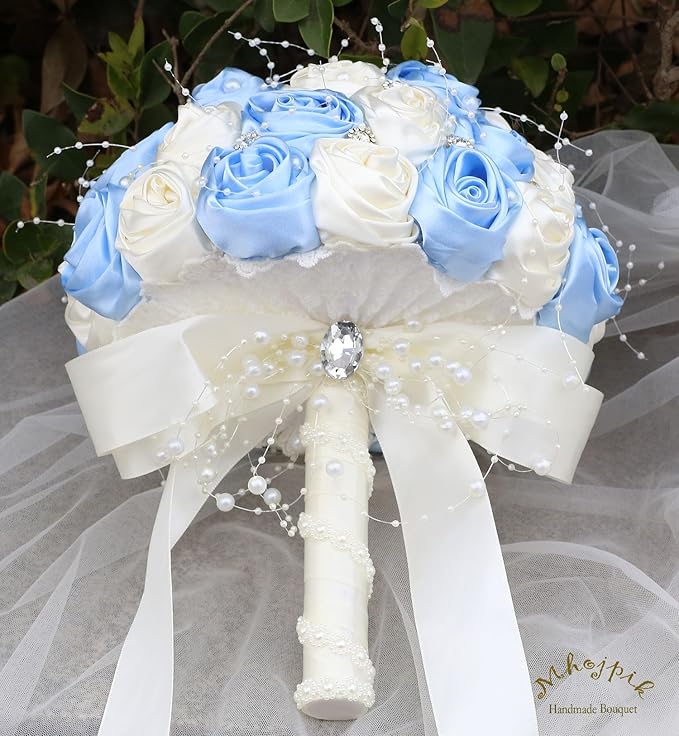 Bridal Wedding Bouquet Round Bling Brooch Bouquet Throw Toss Artificial Rose Flower Bunch for Bride Bridesmaid Wedding Quinceanera(Light Blue & Ivory, 8.7")