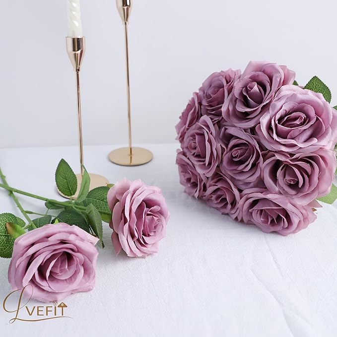 12pcs Artificial Rose Flower Mauve Rose Flower with Long Stem Silk Roses Bouquet for Wedding Bridal Shower Party Home Decoration
