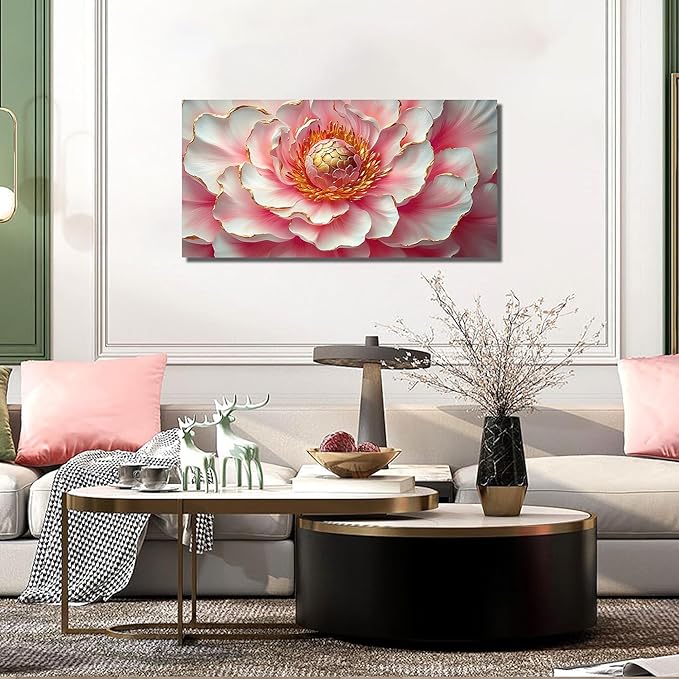 Pink & White Peony Floral Canvas Wall Art with Gold Accents, Abstract Flower Pictures for Living Room Bedroom Wall Decor, Printed Painting Artwork Home Decorations, Size 40x20 Inches - Ready to Hang