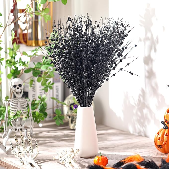 Geosar 30 Pcs Christmas Artificial Glitter Berry Stem Decorations 17 Inch Faux Stick Floral Pick Centerpiece Bouquet Flower Bead Twigs for Centerpiece Tree Wreath Xmas Ornaments Home(Black)