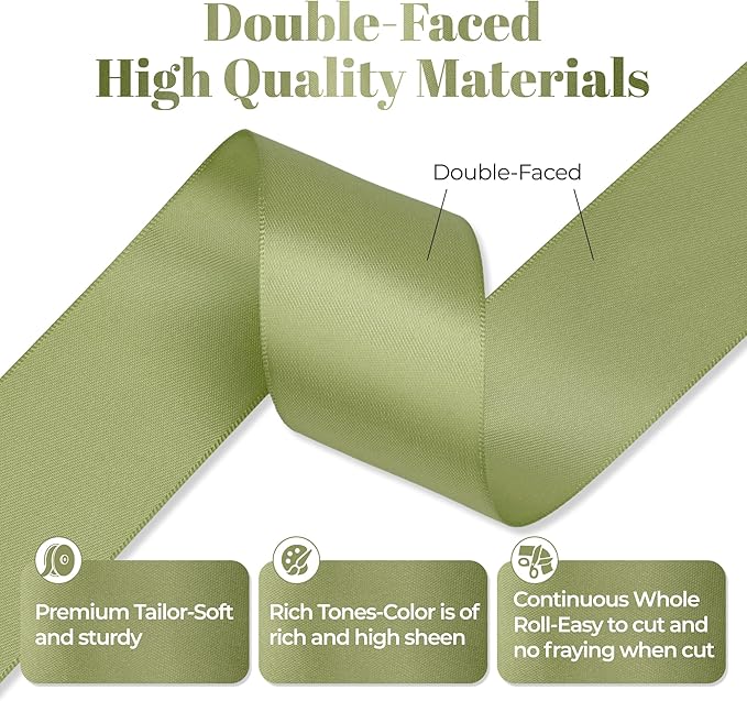 Moss Green Satin Ribbon, Double Faced 1-1/2 Inch X 25 Yards Moss Green Ribbon, Premium Satin Ribbon for Gift Wrapping, Crafts, Hair Bow Making, Sewing, Flower Bouquet, Wedding Party Decor