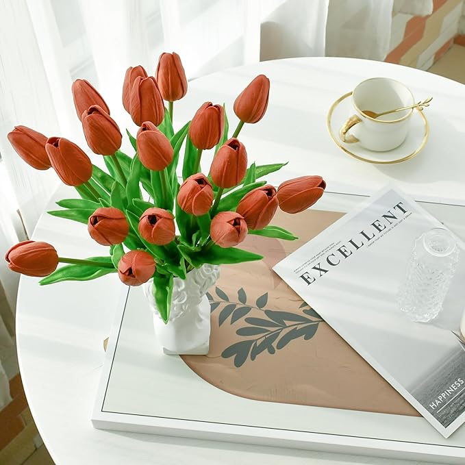 Mandy's Artificial Tulips 20 Stems Terracotta PU Faux Flowers for Thanksgiving and Christmas Decorations Wedding Home Decor 13.5 Inch