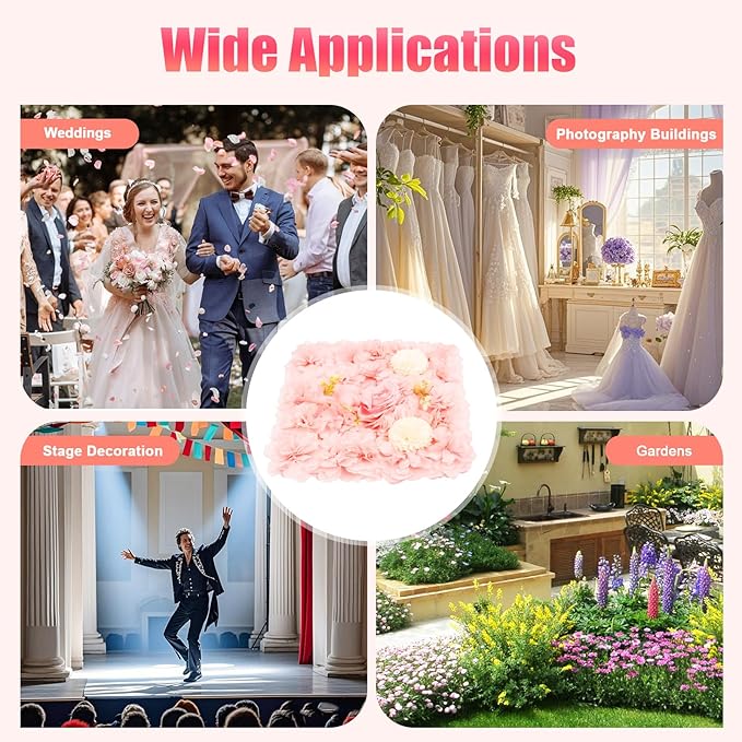Flower Wall Panel Set, Artificial Wall Flower Backdrop,Artificial Flower Wall Mat Silk Rose Flower Panels,Hydrangea Rose Floral Panel for Party Wedding (12pcs Pink, Champagne)