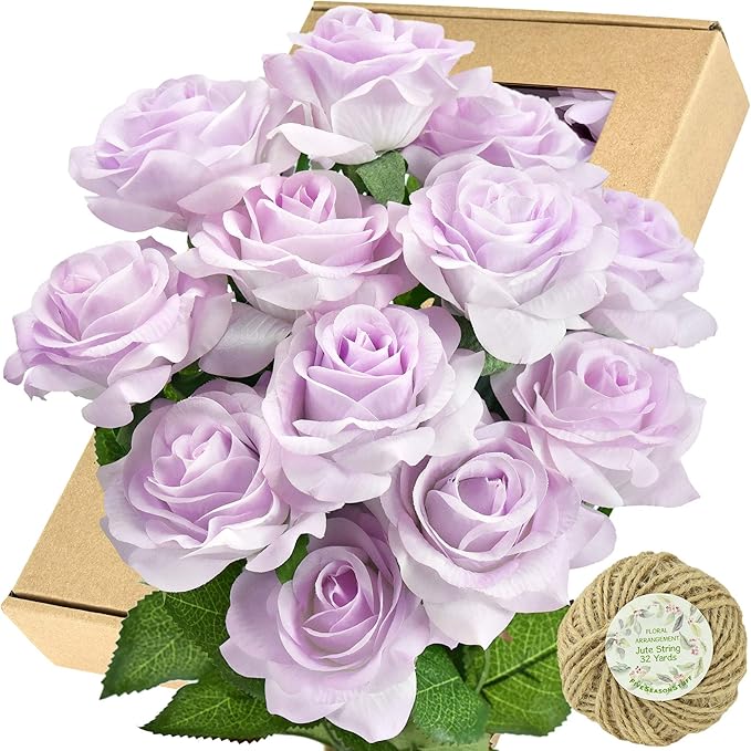 FiveSeasonStuff Real Touch Roses Artificial Flowers, Wedding Silk Flowers Bouquet & Floral Arrangement 12 Stems (Pale Lavender)
