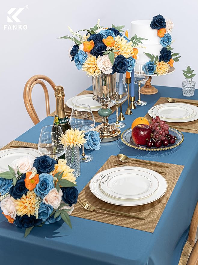 FANKO Artificial Flowers Navy Blue Rose, Mixed Fake Silk Flowers Combo Cream Rose Yellow Chrysanthemum Vintage Assorted Blooms for DIY Wedding Bridal Bouquets/Centerpieces/Home Decor