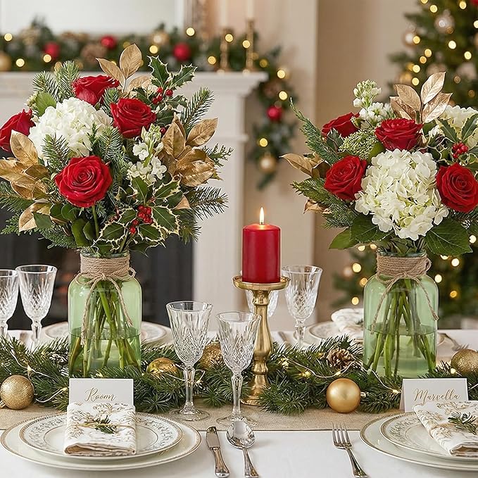 Vintage Glass Flower Vase，3Pack Farmhouse Green Glass Centerpiece Vases Mason Jars for Weddings, Parties & Home Decor Bulk (3, Green)