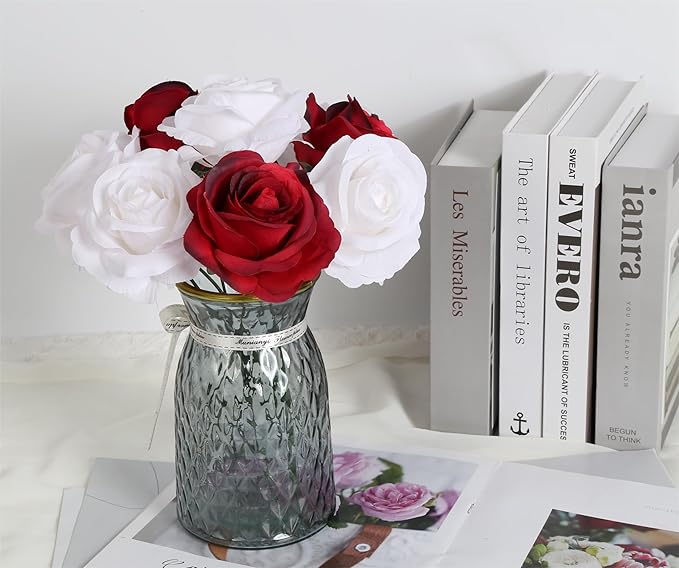 20pcs White Roses Artificial Flowers Fake Roses Real Looking Silk Flowers Bulk Big Faux Roses with Stems for Wedding Centerpieces Table Home Party Decor Bridal Floral Arrangements (White)