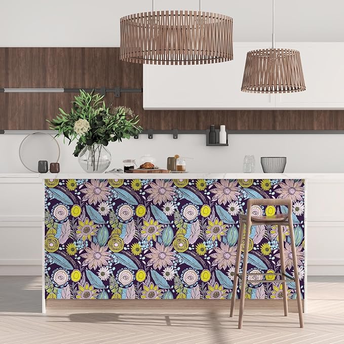Purple Boho Wallpaper Peel and Stick,Vintage Yellow Floral Contact Paper 17.5" x 393", Botanical Flowers Retro Absract Wall Paper Self Adhesive Removable Waterproof for Walls Shelves Cabinet Table