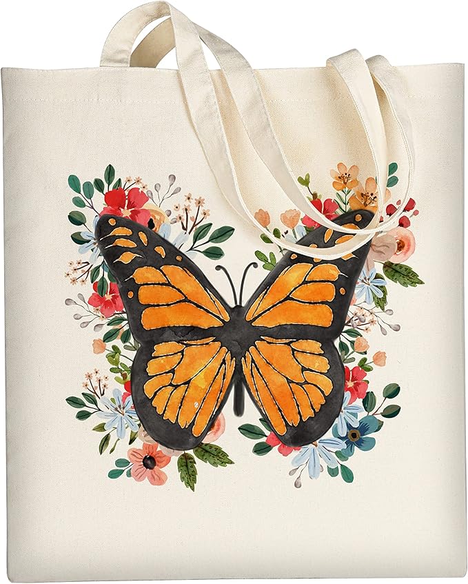 AUSVKAI Cute Canvas Tote Bag Aesthetic for Women Grocery Bag Cotton Shopping Beach Totes Gift-Flower Butterfly